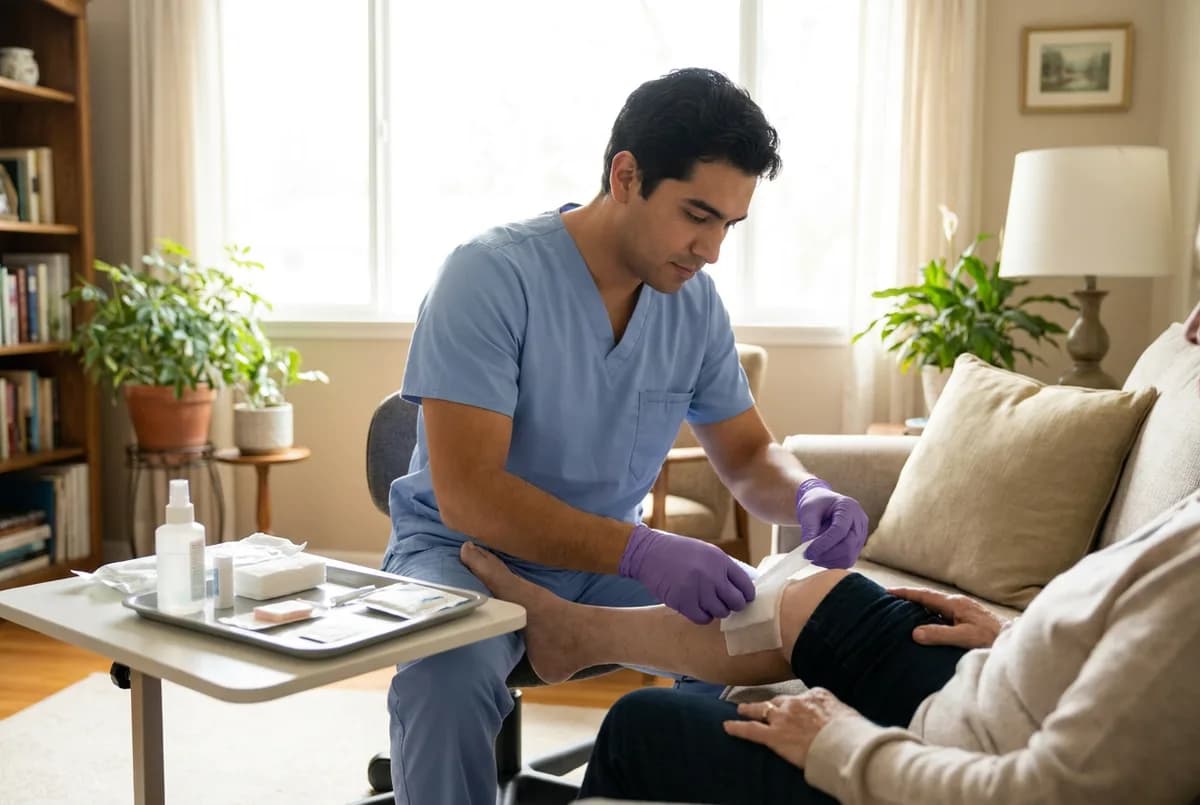 Focus Family Care nurse performing a sterile wound dressing change for a patient at home in South Florida