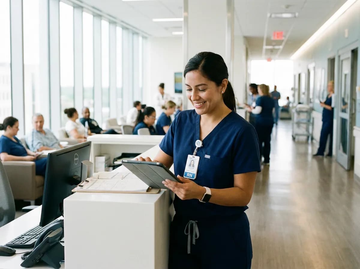 Focus Family Care staffing nurse at a hospital nurses' station in South Florida
