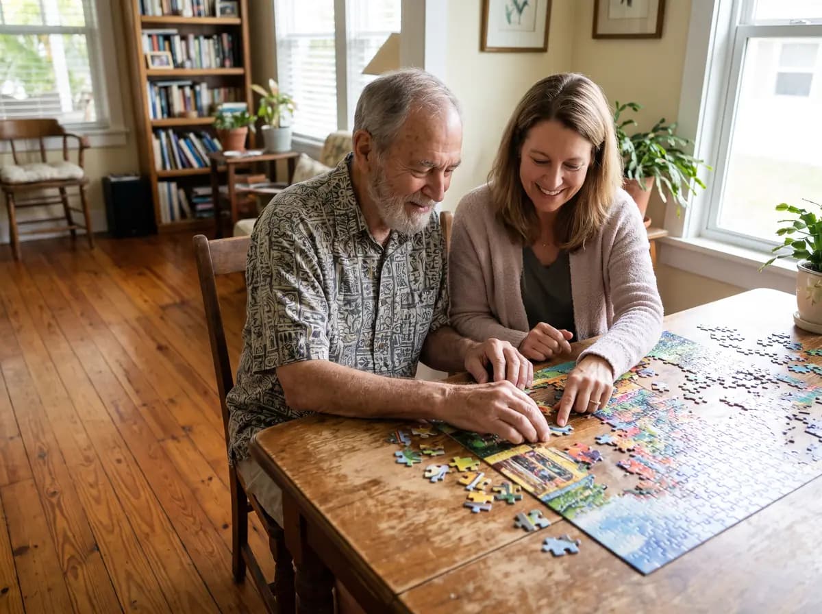 Focus Family Care caregiver providing memory care to a senior at home in Delray Beach, Florida