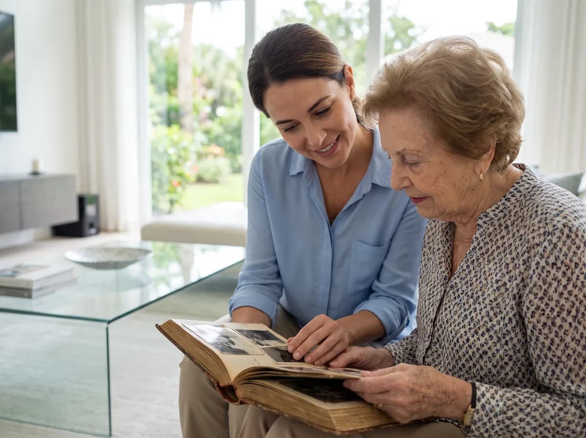 Focus Family Care caregiver providing memory care to a senior at home in Palm Beach Gardens, Florida