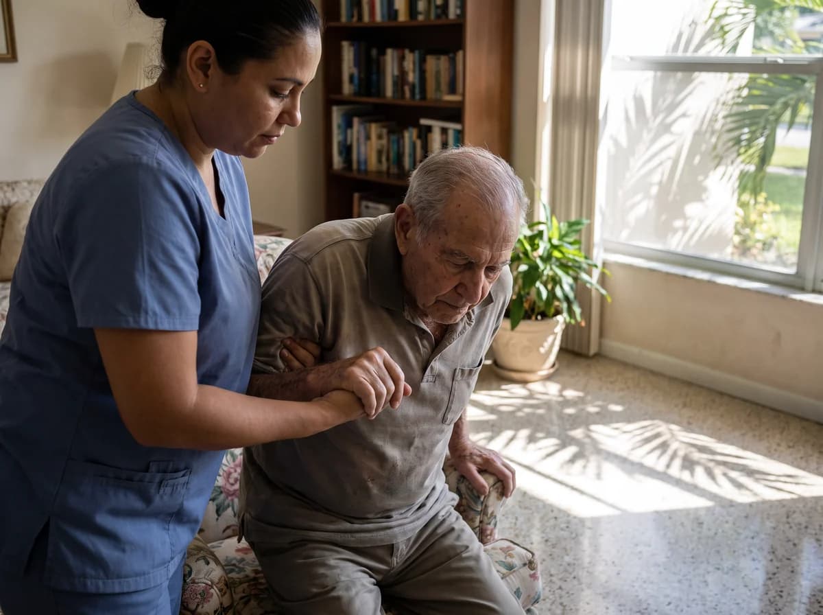 Focus Family Care home health aide helping a senior with daily care at home in Miami, Florida