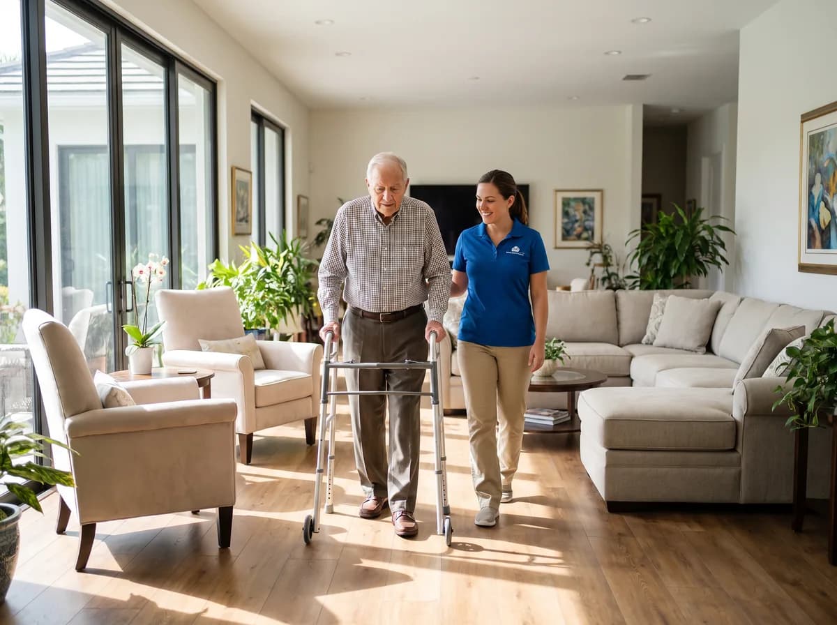 Focus Family Care home health aide helping a senior with daily care at home in Palm Beach Gardens, Florida