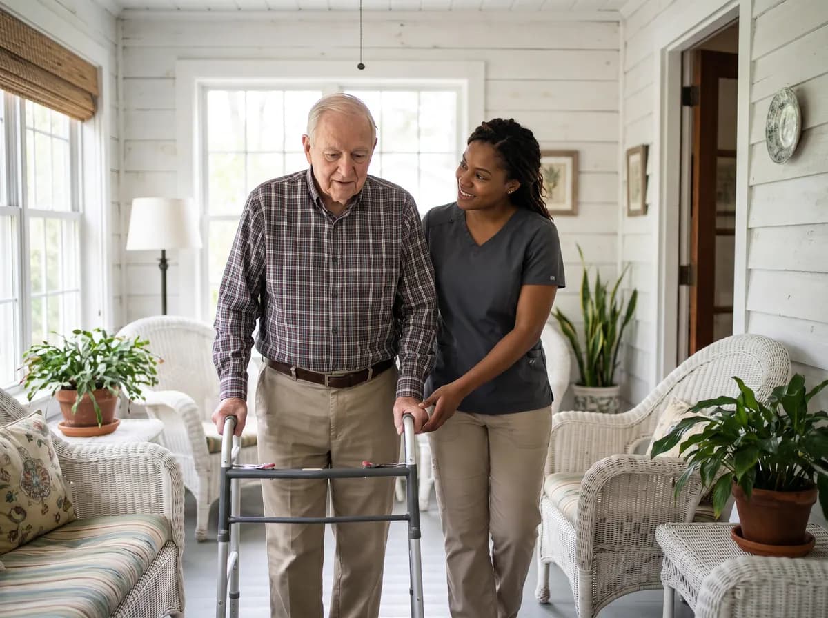 Focus Family Care home health aide helping a senior with daily care at home in Stuart, Florida