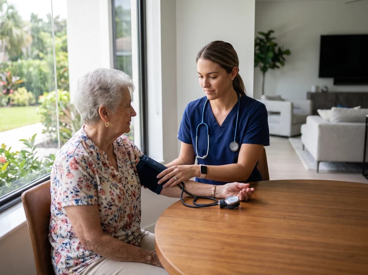Focus Family Care registered nurse providing in-home skilled nursing to a patient in Palm Beach Gardens, Florida