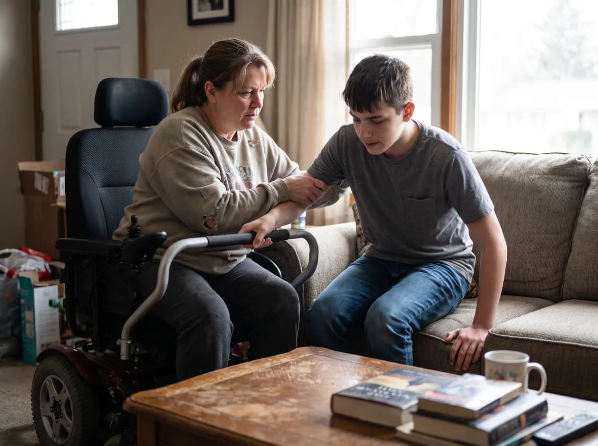 A nurse assisting a young person with muscular dystrophy at home