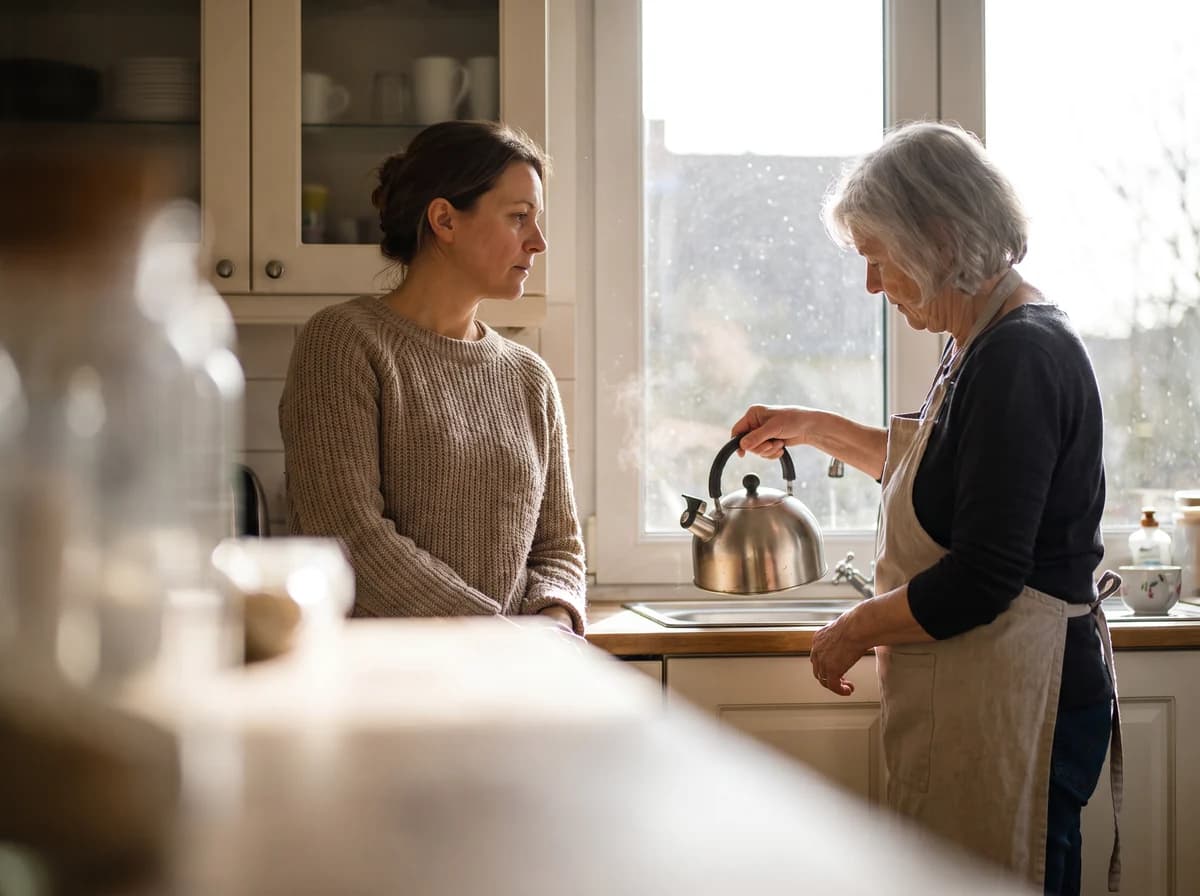 A caregiver gently supporting a senior showing early signs of dementia at home