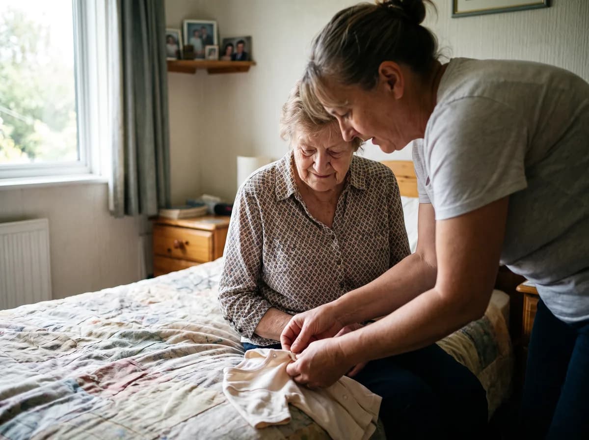 A personal care assistant helping a client with daily tasks at home