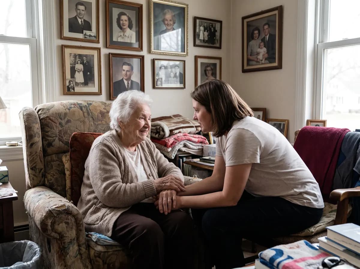 A caregiver helping a senior with daily living at home instead of a personal care home