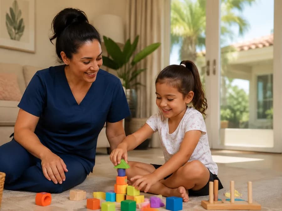 A Focus Family Care caregiver supporting a child with autism at home