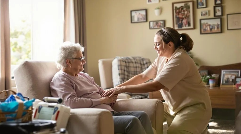 Compassionate home health aide holding hands with smiling senior woman in cozy living room