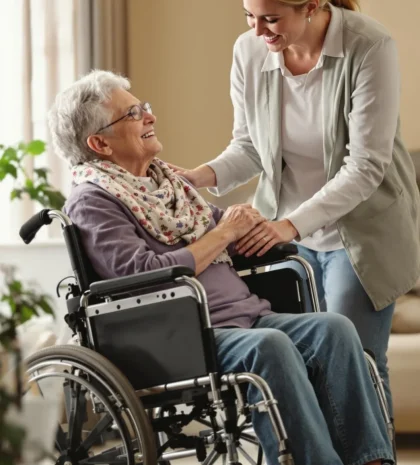assisting a senior in a wheelchair Family Care